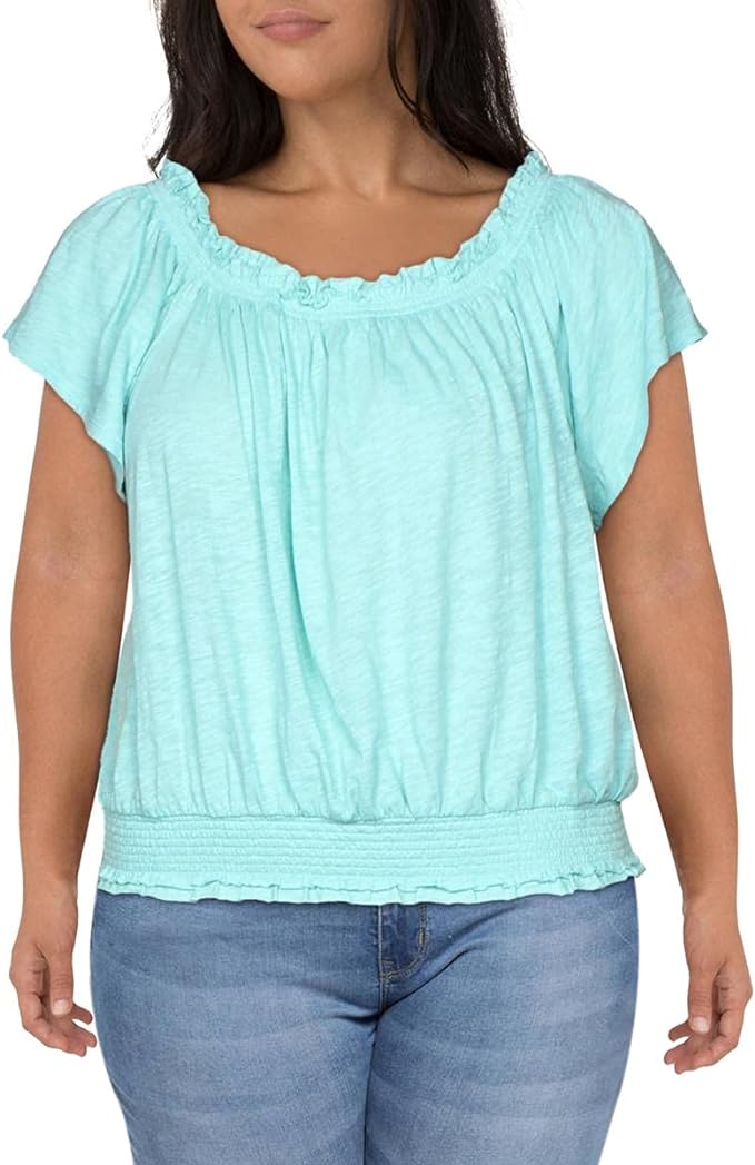 INC International Concepts Women's Cotton Smocked Peasant Top Color Teal Sea Size L