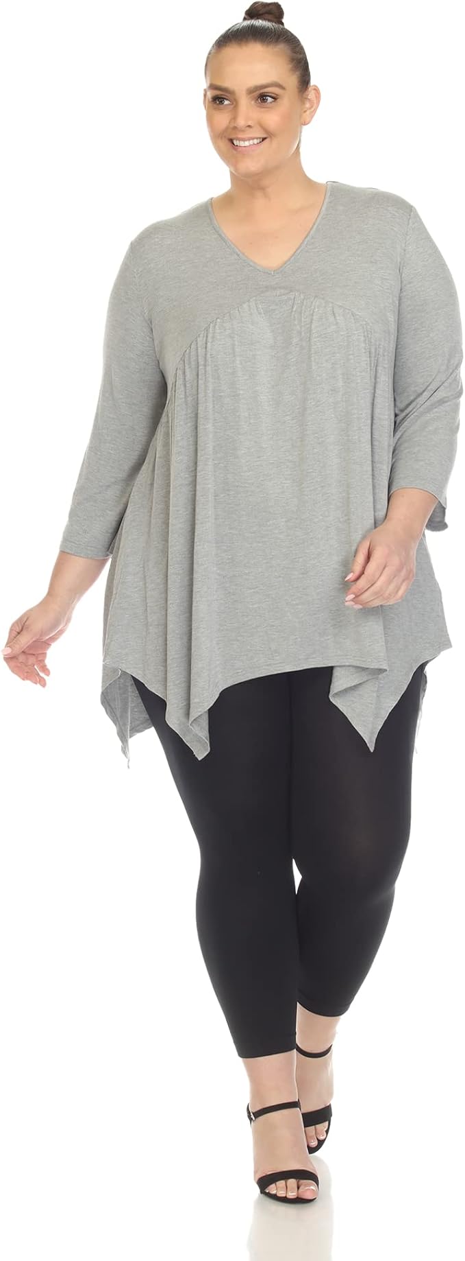 White Mark Women's Empire Waist V-Neck 3/4 Sleeve Tunic Top Heather Gray Size XL