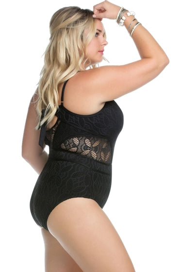 Becca ETC by Rebecca Virtue Plus Size Play Sheer Cut Out One Piece Swimsuit Color Black Size 3X