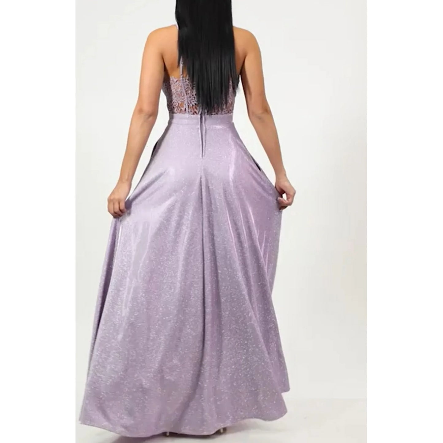 City Studios Juniors Sleeveless Glitter Lace-Back Evening Dress Lavender Size 5/6