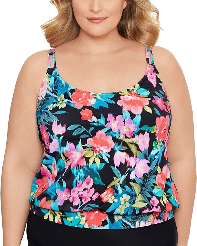 Swim Solutions Plus Size In Living Color Blouson Tankini Top Color Black Multi Size 24W