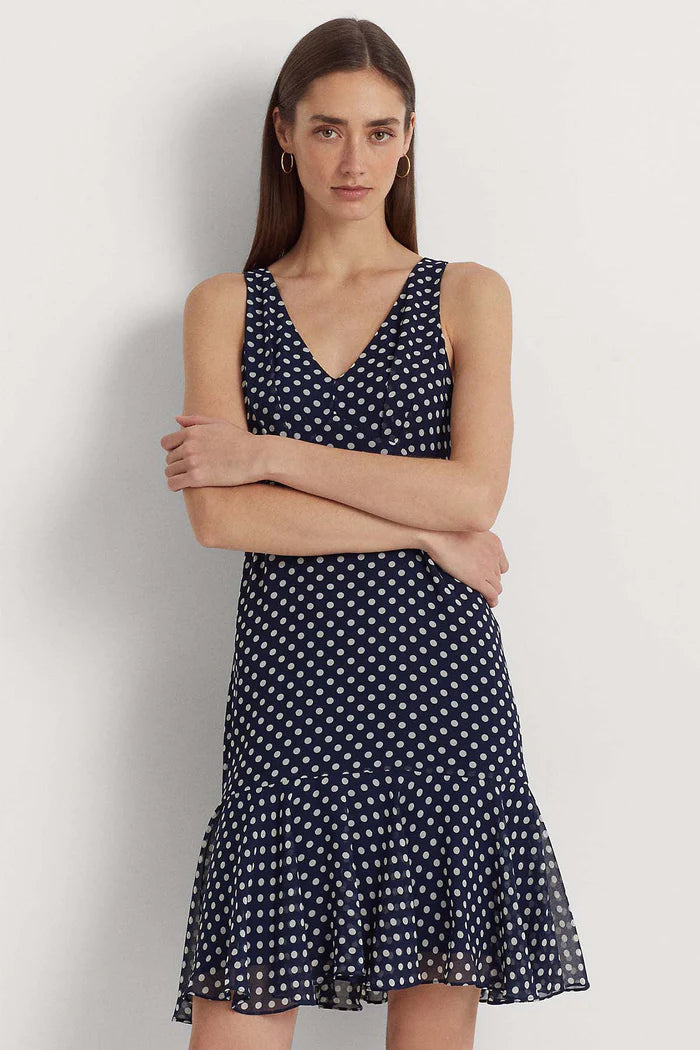 Lauren Ralph Lauren Women's Polka Dot Chiffon Sleeveless Dress Color Navy/Cream Size 2