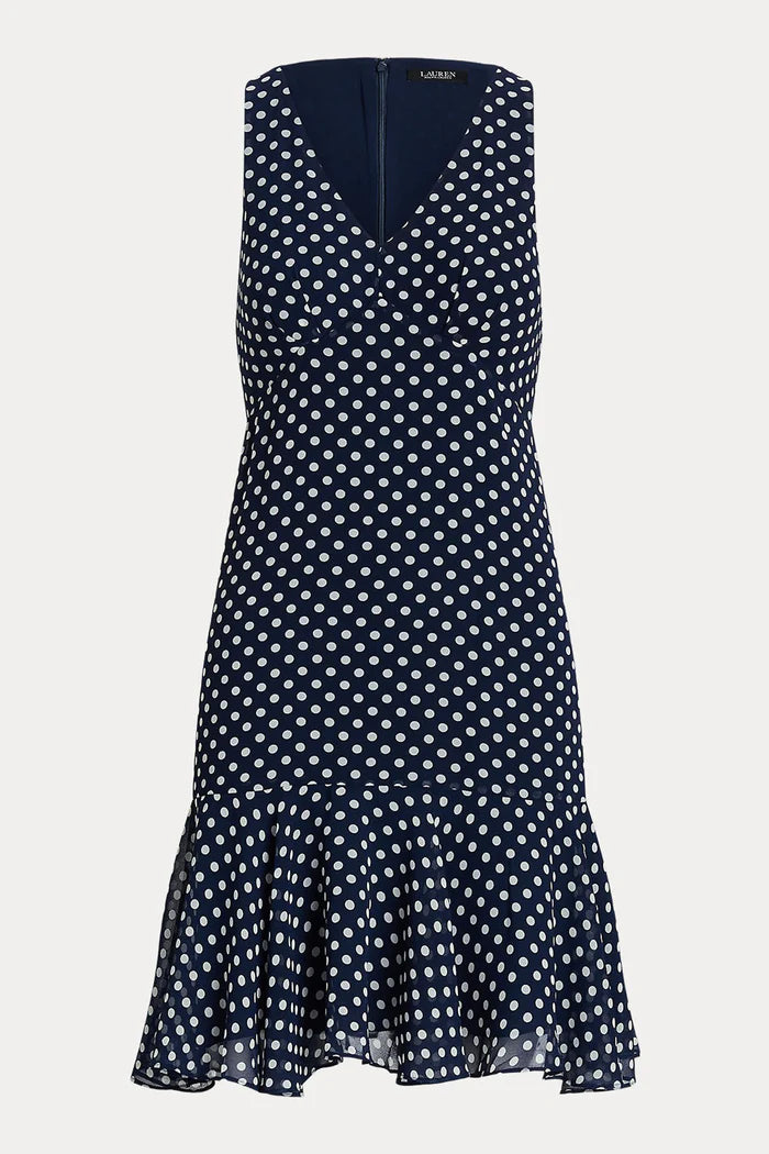Lauren Ralph Lauren Women's Polka Dot Chiffon Sleeveless Dress Color Navy/Cream Size 2