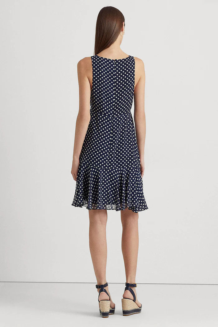 Lauren Ralph Lauren Women's Polka Dot Chiffon Sleeveless Dress Color Navy/Cream Size 2