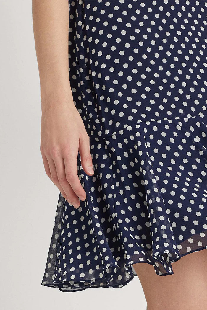 Lauren Ralph Lauren Women's Polka Dot Chiffon Sleeveless Dress Color Navy/Cream Size 2