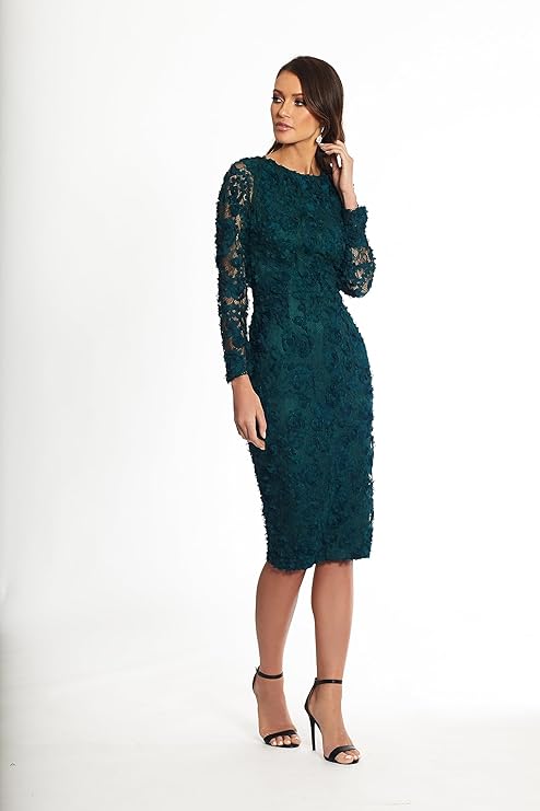 XScape Long Sleeve Raised Floral Lace Midi Length Dress Hunter Green Size 12