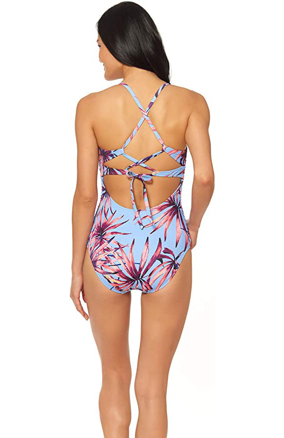 Jessica Simpson Palmy Days Camisole One-Piece Swimsuit Color Lilac Palm Print Size L