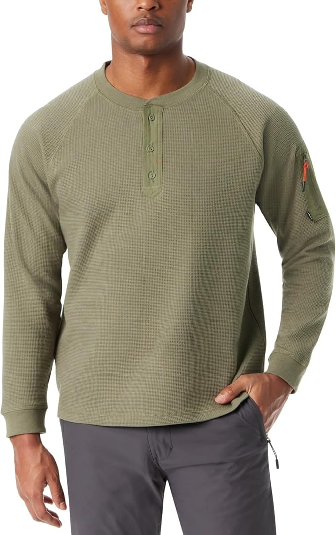 BASS OUTDOOR Men’s Relaxed Fit Performance Thermal Long Sleeve Henley Deep Lichen Size L