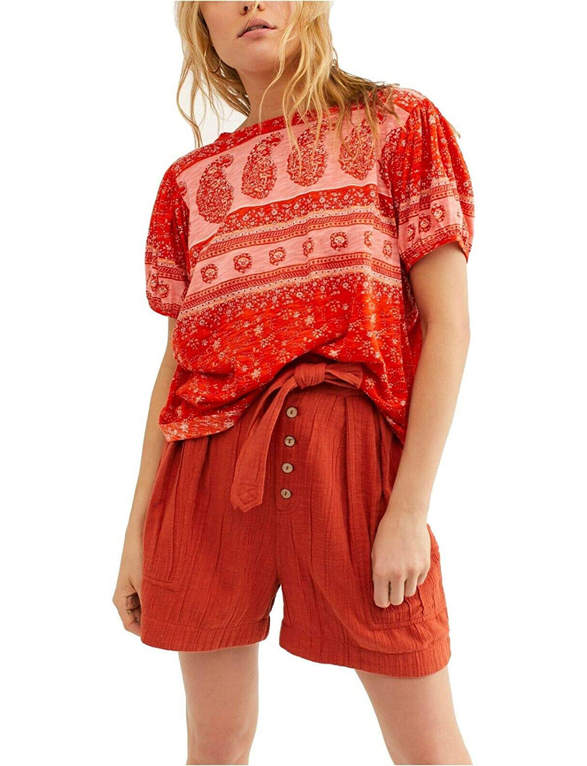 Free People Women’s Paisley Puff Sleeve T-Shirt Color Fruit Punch Combo Size XS