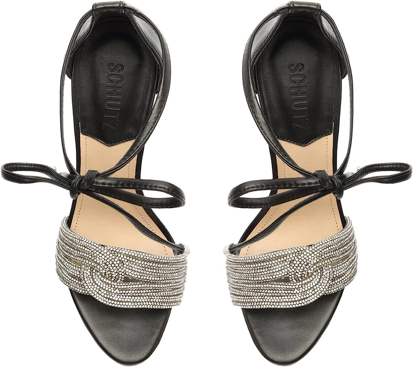 Schutz Andy Embellished Leather Heeled Ankle-Tie Sandals Color Black/Cristal Size 8B