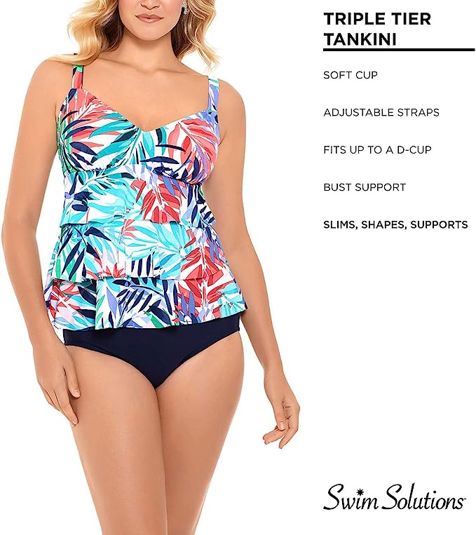 Swim Solutions Women's Printed Tiered Tankini Top Color Palm Springs Size 16
