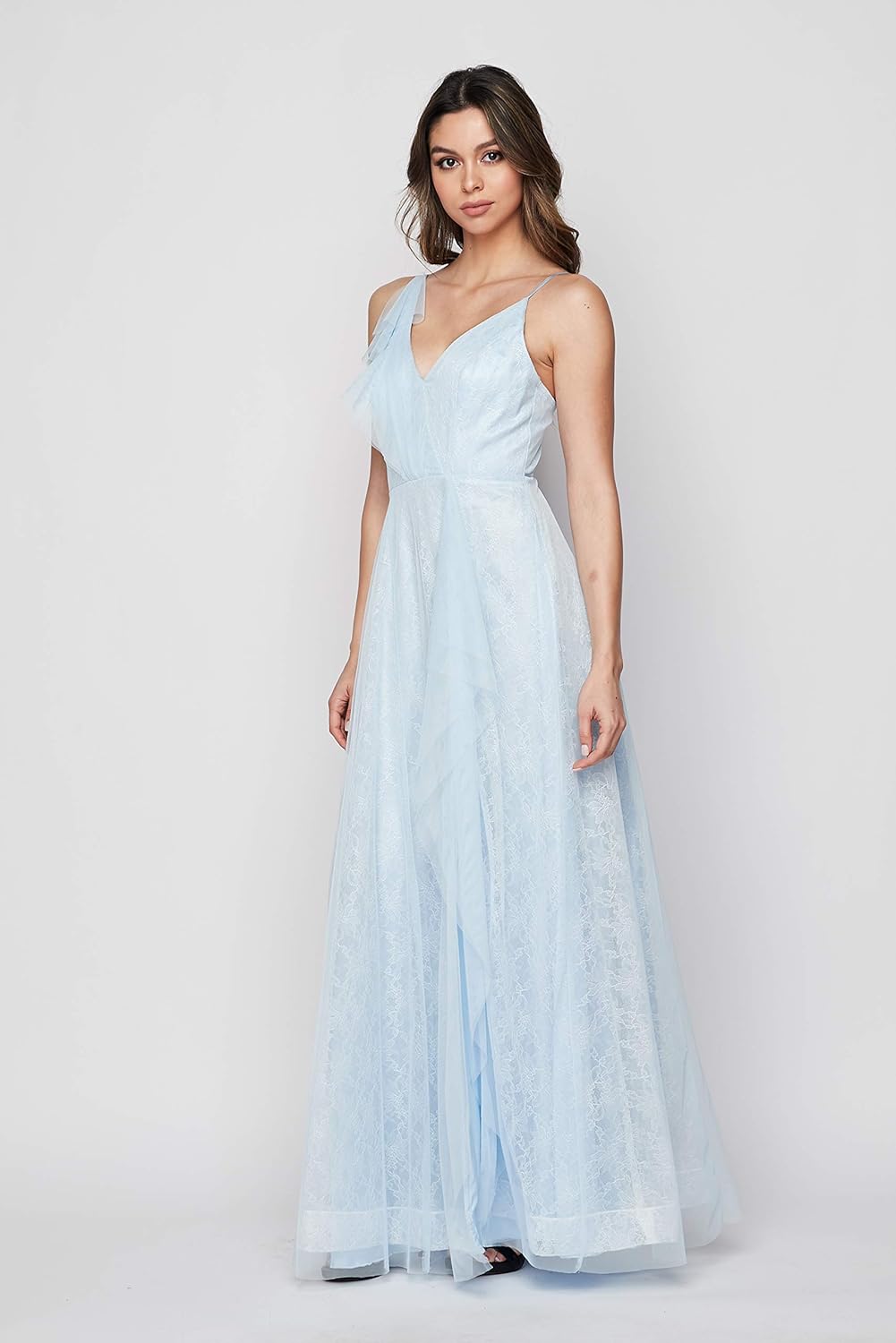 Teeze Me Formal Flowy Ruffle Lace Slit Gown Color Light Blue Size 3