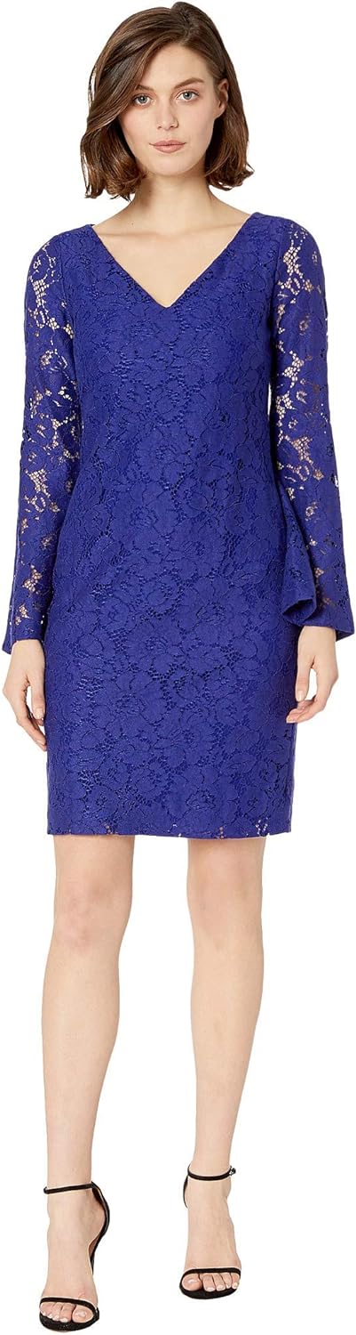LAUREN RALPH LAUREN Garden Floral Lace Fresy Long Sleeve Day Dress Color Cannes Blue Size 6