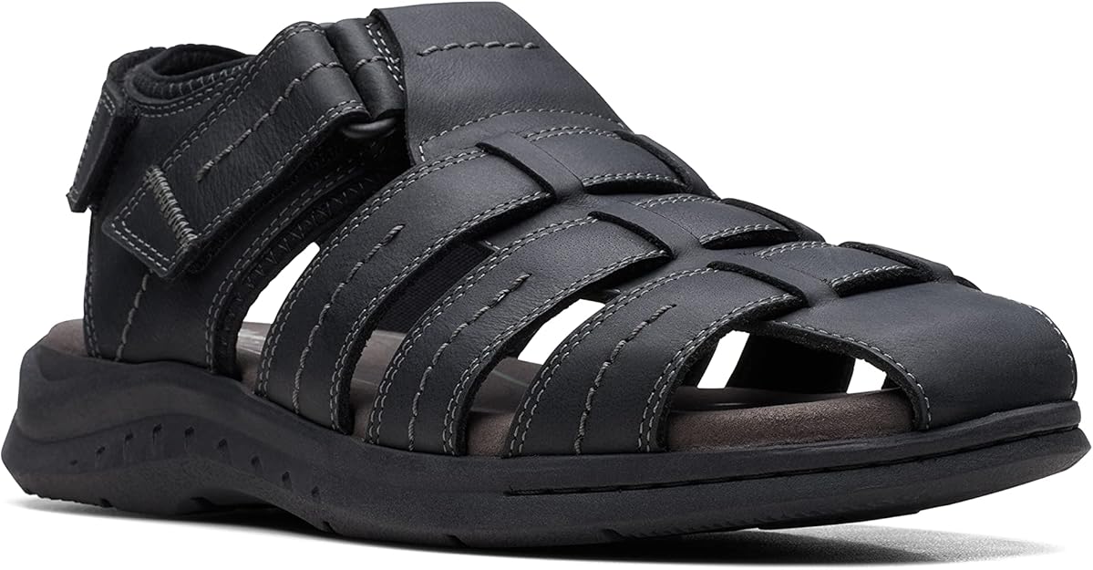 Clarks Men's Walkford Fish Tumbled Leather Sandals Black Tumbled Size 9