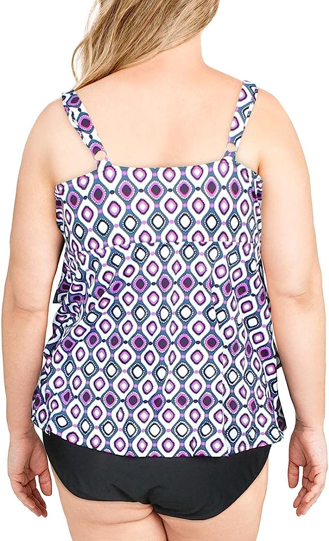 Swim Solutions Jewels Tiered Tummy Control One-Piece Swimsuit Color Purple Multi Size 24W