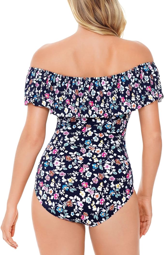 Swim Solutions Vintage Ditsy Printed Off-The-Shoulder One-Piece Swimsuit Color Navy Size 14