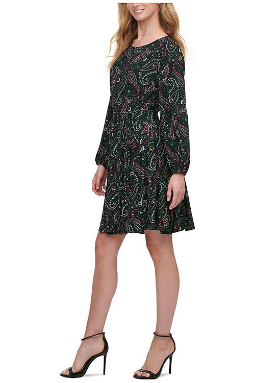 Tommy Hilfiger Petite Paisley-Print Fit & Flare Dress Color Forest Multi Size 10P