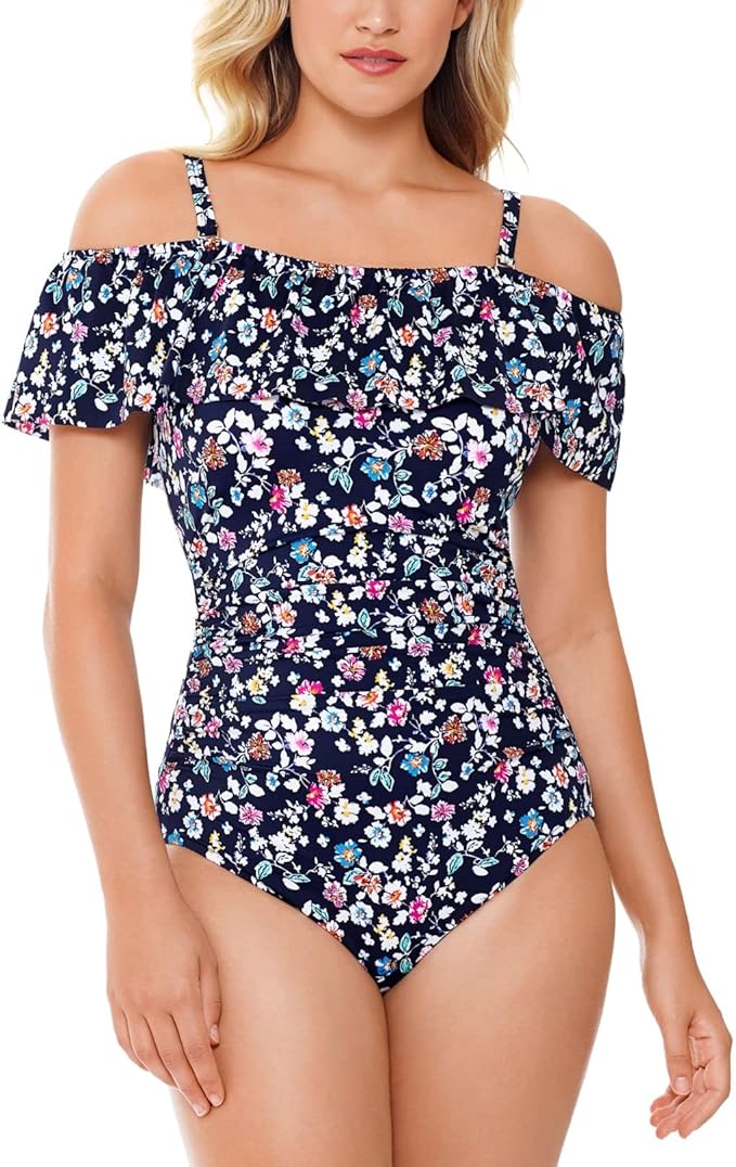 Swim Solutions Vintage Ditsy Printed Off-The-Shoulder One-Piece Swimsuit Color Navy Size 14