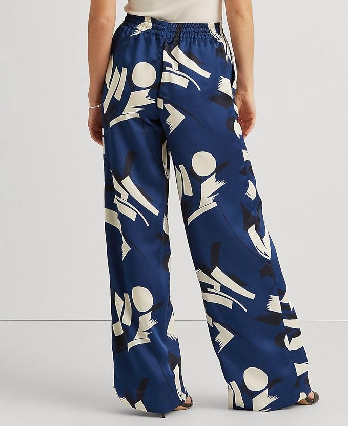 Lauren Ralph Lauren Women's Geometric-Print Charmeuse Wide-Leg Pants Color Blue/Cream Navy Size XL