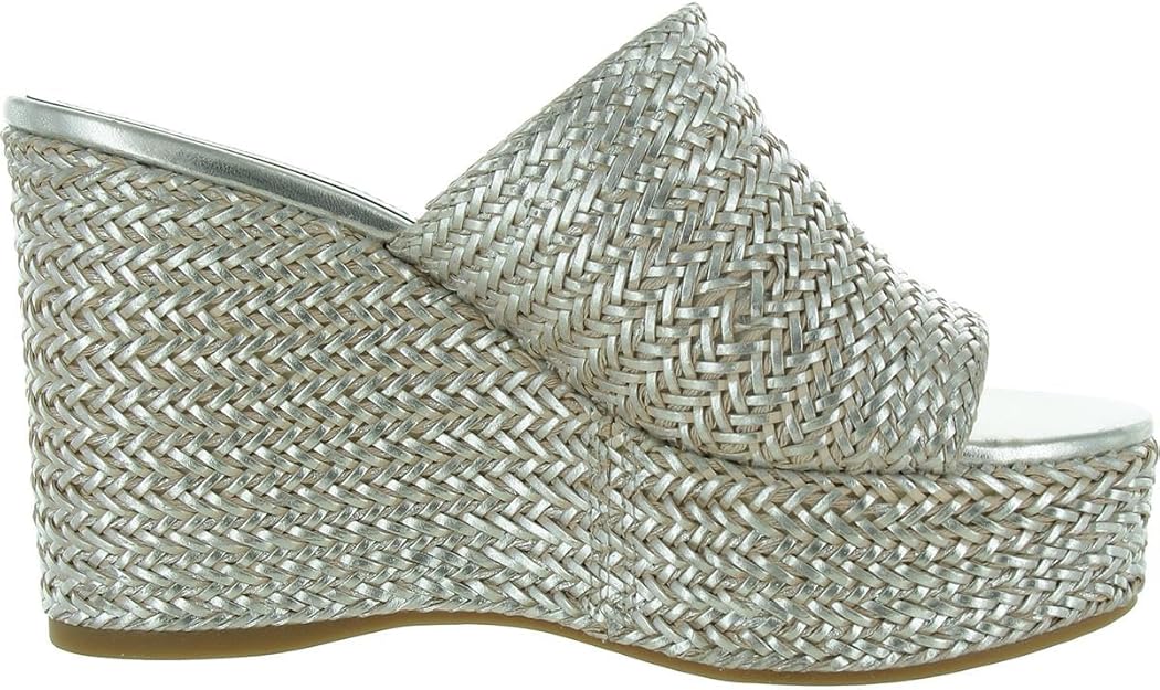 GUESS Women's Yenisa Platform Slip-On Mule Sandals Silver Metallic Weave Size 7