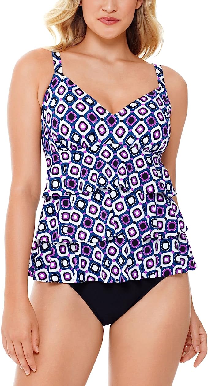 Swim Solutions Women's Printed Tiered Tummy Control One-Piece Swimsuit Color Jewels Size 10
