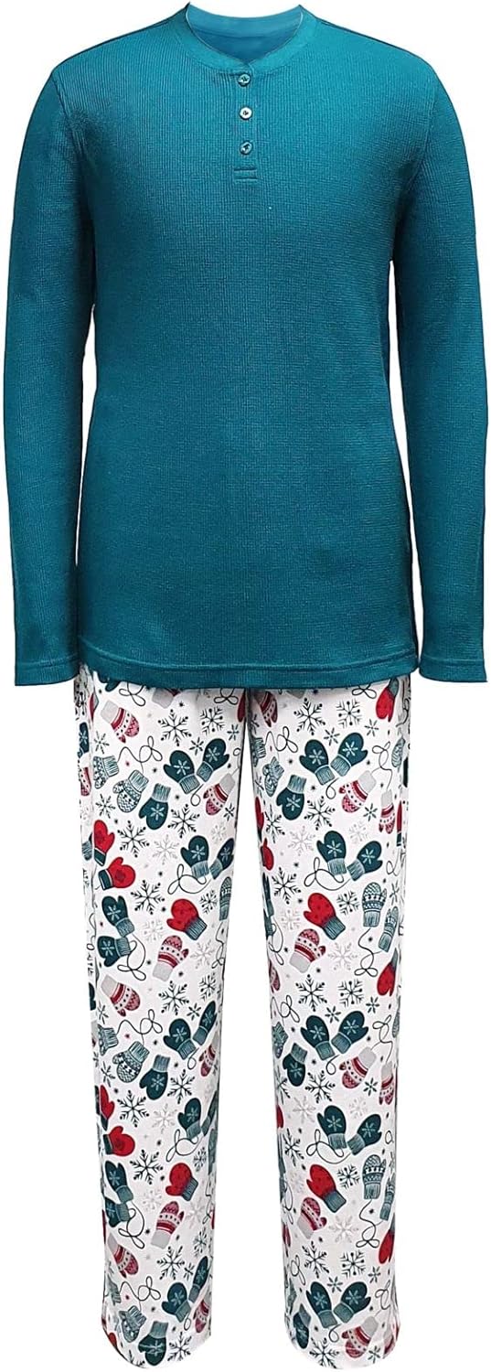 Family Pajamas Men's Henley Top Mitten-Print Pajamas Set Color Green Size M
