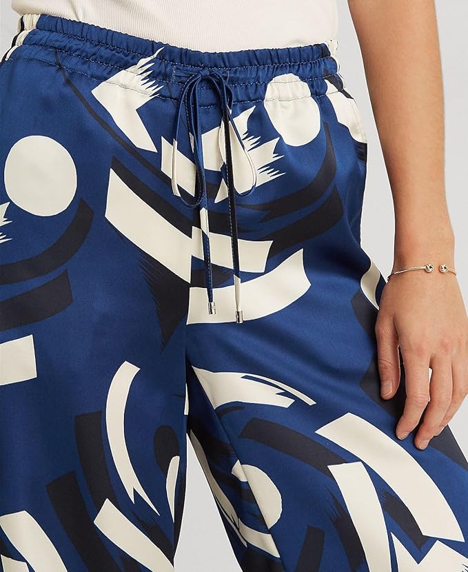 Lauren Ralph Lauren Women's Geometric-Print Charmeuse Wide-Leg Pants Color Blue/Cream Navy Size XL