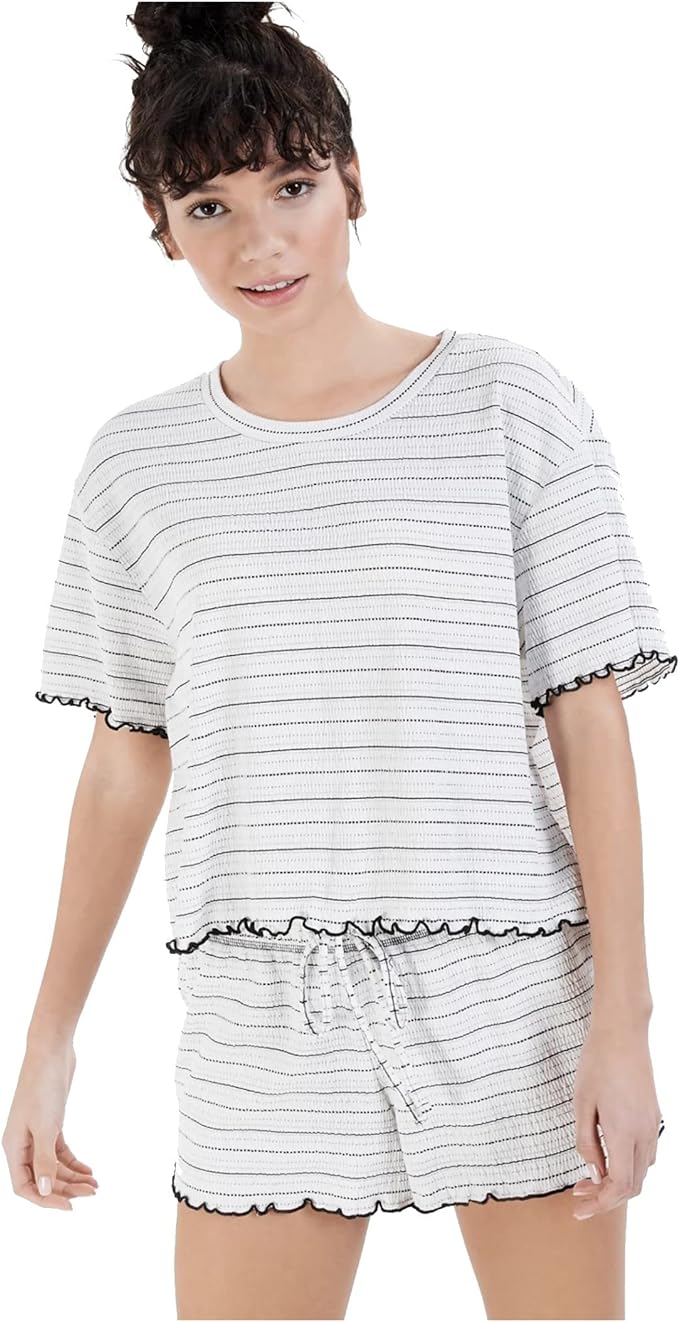 Jenni Women's Crinkle Lettuce-Edge Shorts Pajama Set Color Seersucker White Size M