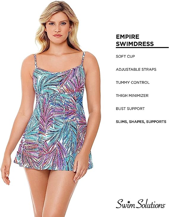 Swim Solutions Women's Empire Tummy Control Swim Dress Multicolor Size 10