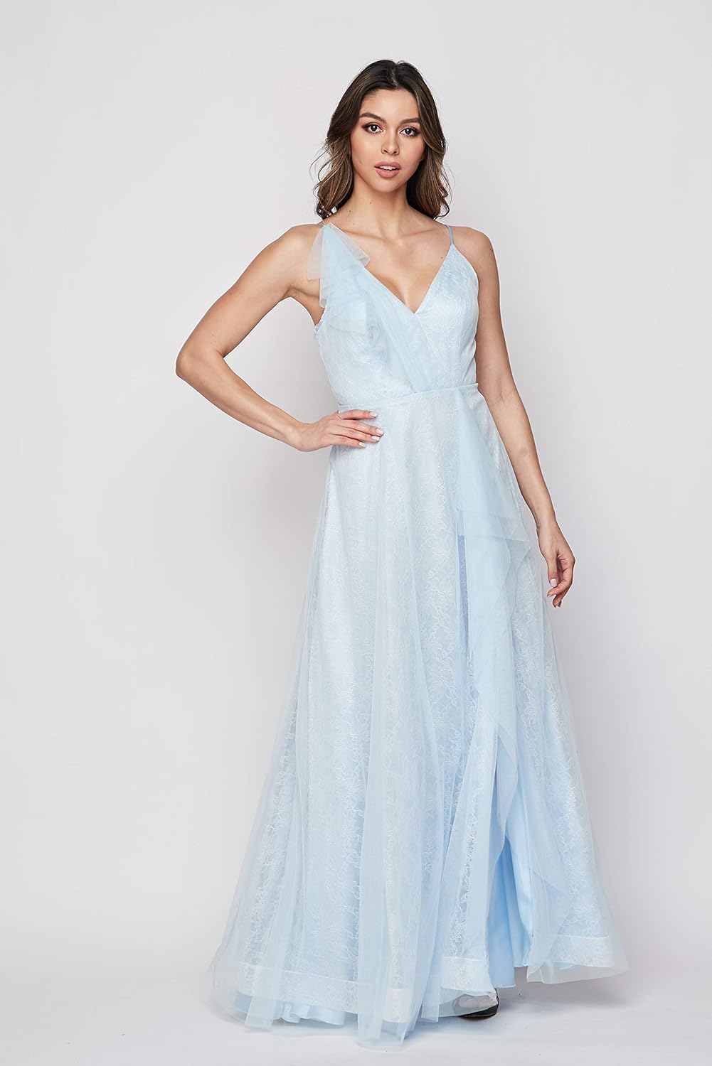 Teeze Me Formal Flowy Ruffle Lace Slit Gown Color Light Blue Size 3