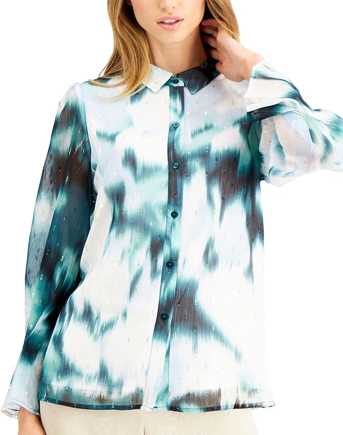 Alfani Women's Blouse Small Washed-Out Button-Down Shirt Color Green Size S
