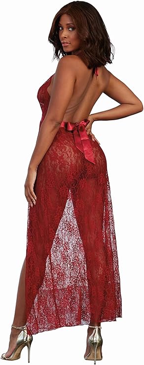Dreamgirl Women's Lace Halter Gown & G-String Set Garnet Size S