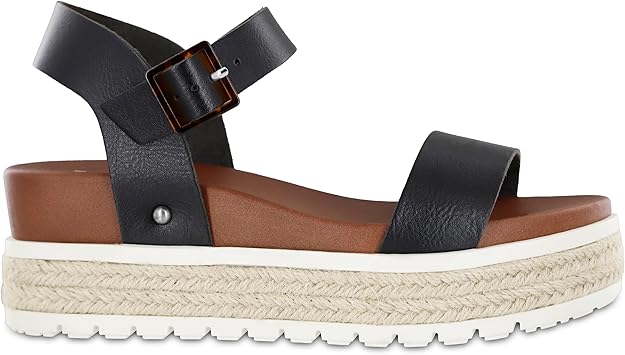 MIA Shoes Kiera Platform Espadrille Raffia Sole Sandals Black Bona Size 6