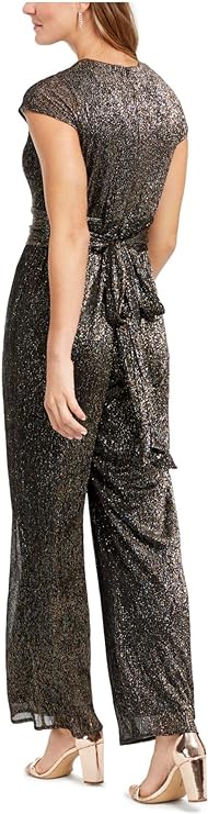 SLNY Women's Cap Sleeve V Neck Evening Wide Leg Jumpsuit Color Black Glitter Size 12