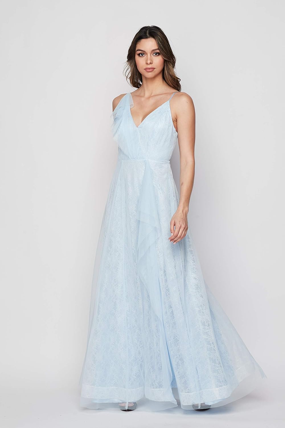 Teeze Me Formal Flowy Ruffle Lace Slit Gown Color Light Blue Size 3