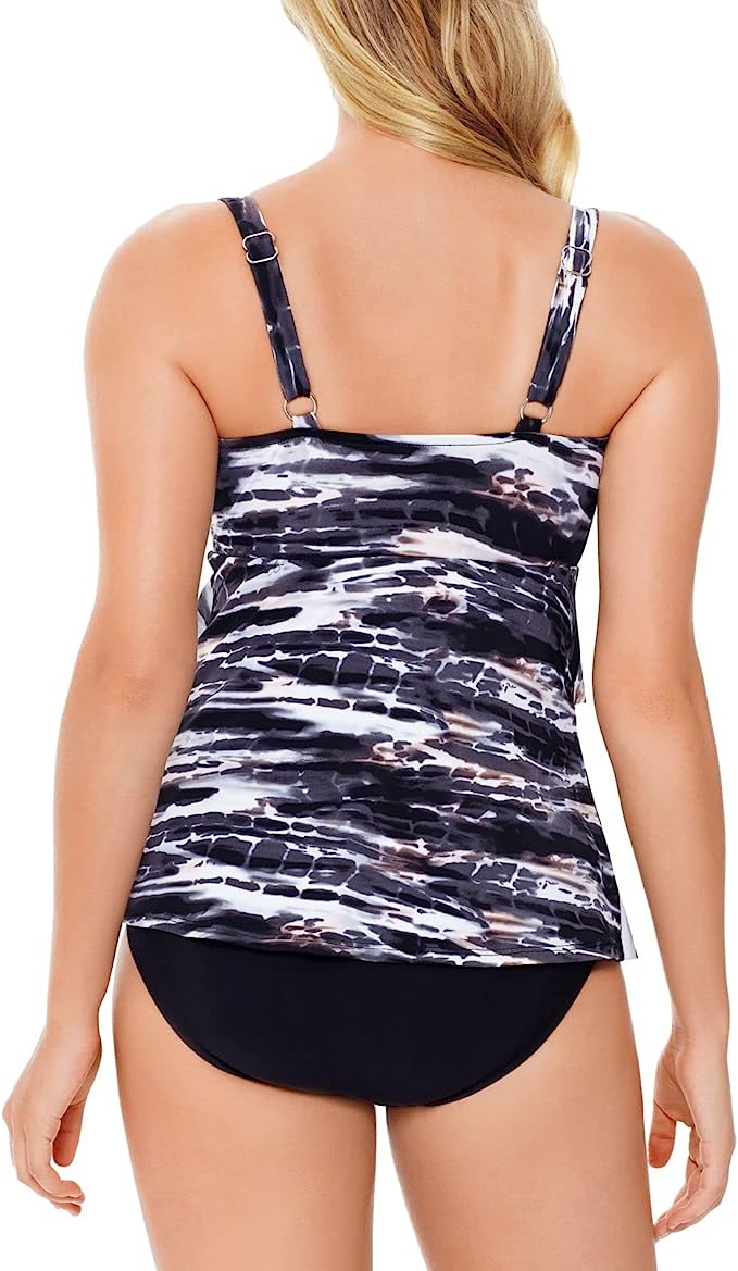 Swim Solutions Women's Triple Tiered Tummy-Control One-Piece Swimsuit Color Coastal Plates Black Size 18
