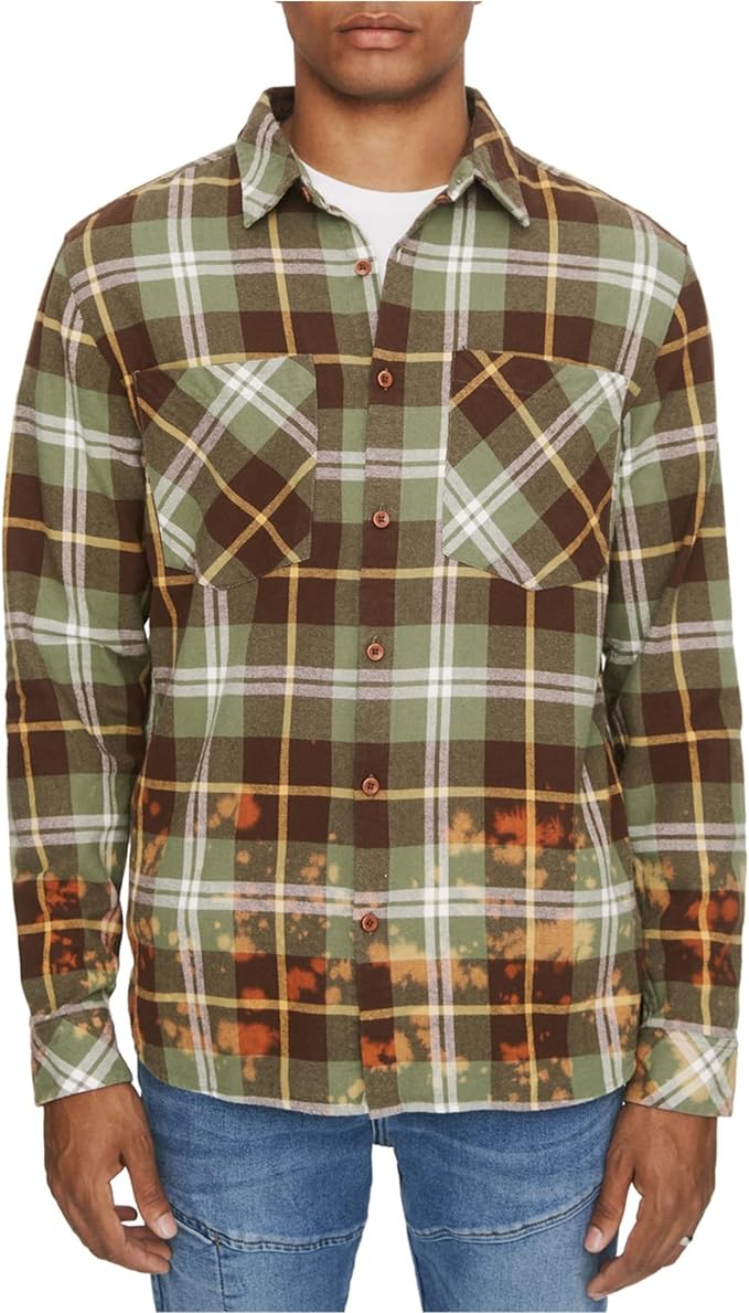 ELEVEN PARIS Men's Woven Plaid Button-Down Shirt Color Deep Lichen Plaid Size M