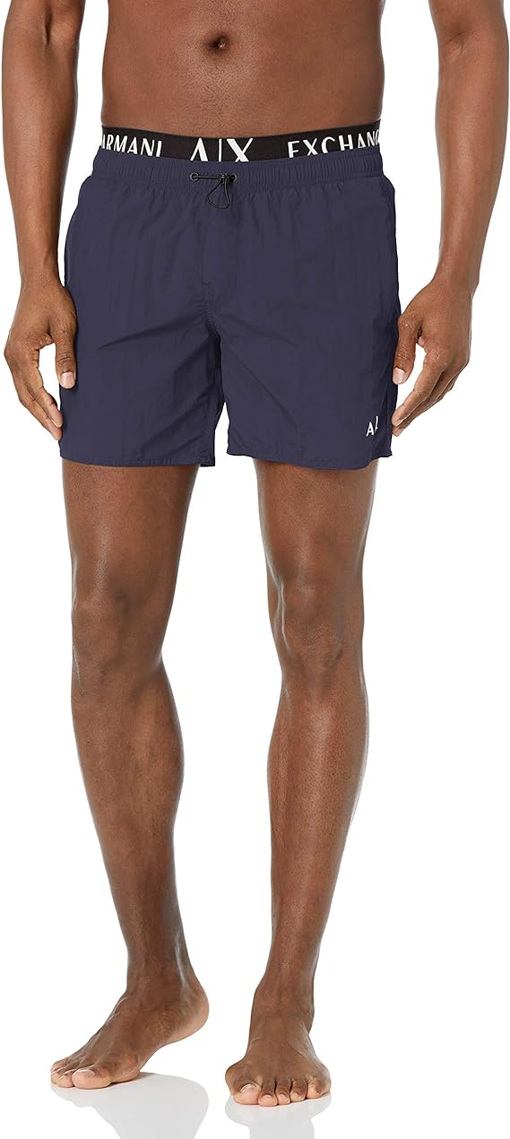AX Armani Exchange Men's Layered-Look Logo-Print Boxer Swim Shorts Color Navy Blue Size S