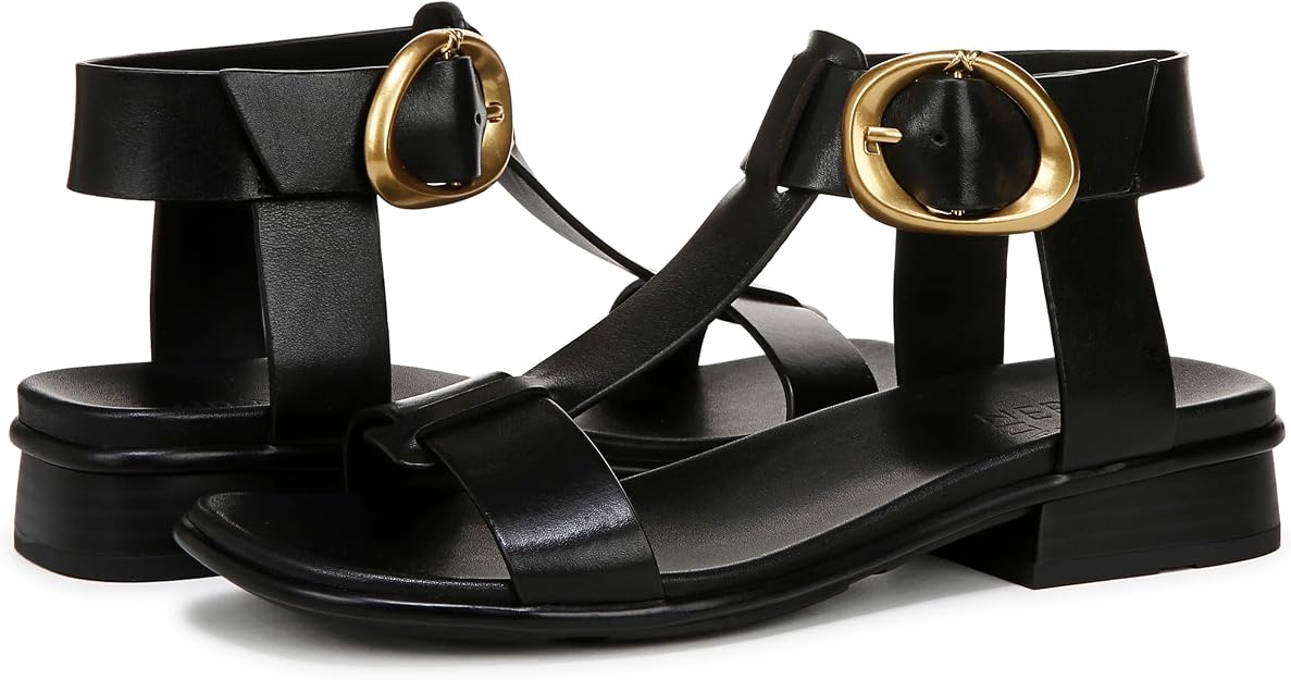 Naturalizer Women's Brandy T-Strap Block Heel Sandals Coastal Black Leather Size 7