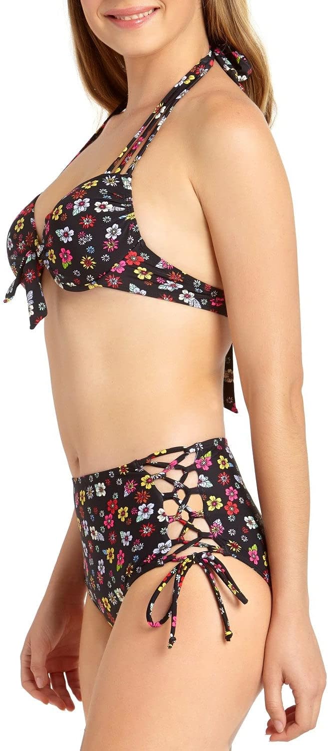California Waves Floral Strappy High-Waist Bikini Swim Bottoms Black Floral Size XL