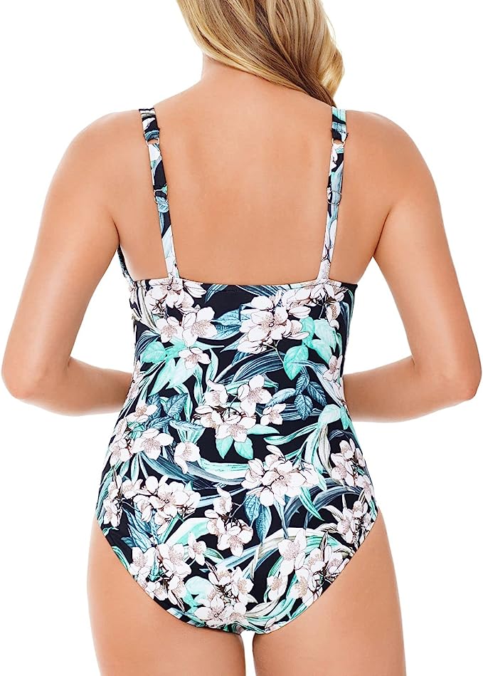 Swim Solutions Womens Plunge Tummy Control One Piece Swimsuit Color Black Multi Size 16