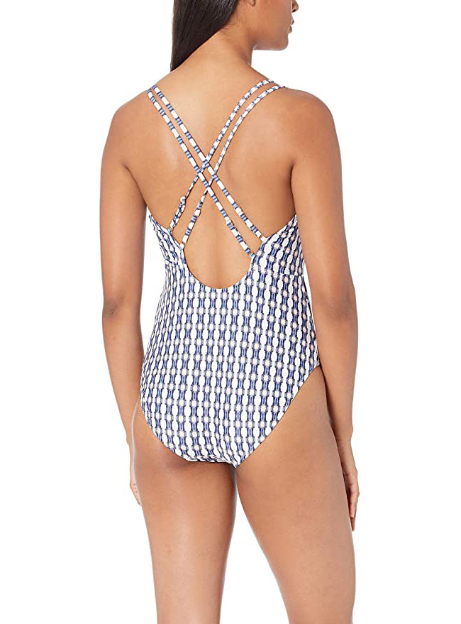 Jessica Simpson V-Neck One-Piece Swimsuit Bathing Suit Color Plunge Dark Multi Size L