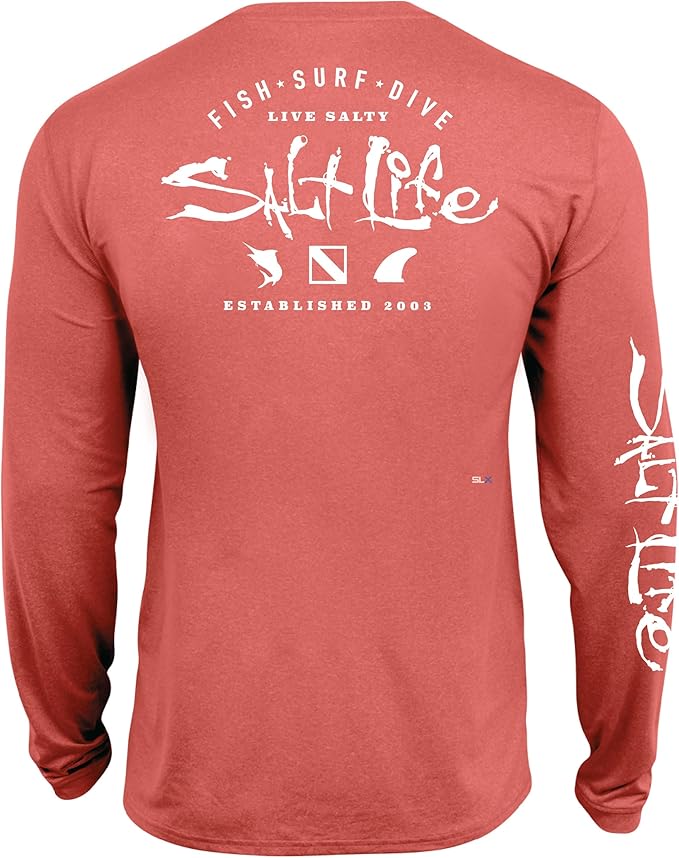 Salt Life Men's Waterman Trifecta Long Sleeve Pocket Tee Burnt Coral Heather Size L