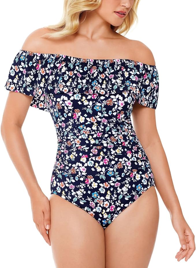 Swim Solutions Vintage Ditsy Printed Off-The-Shoulder One-Piece Swimsuit Color Navy Size 14