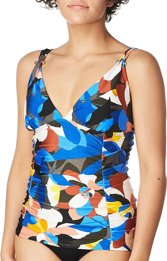 Calvin Klein Printed Ruched Tankini Top Color Nectar Multi Stained Glass Floral Size XL