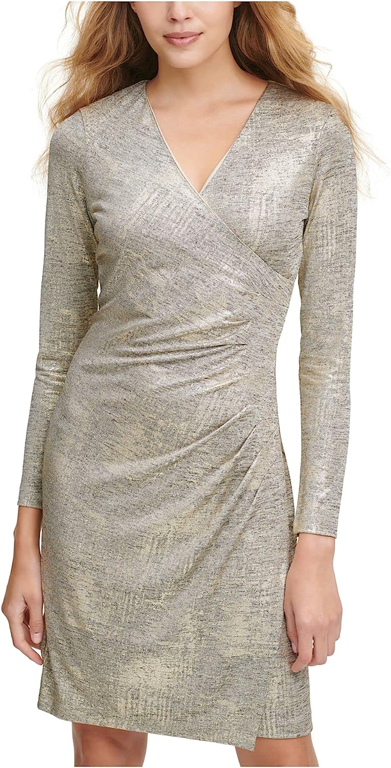 Calvin Klein Ruched Long Sleeve V Neck Evening Sheath Dress Color Gold Shimmer Size 6