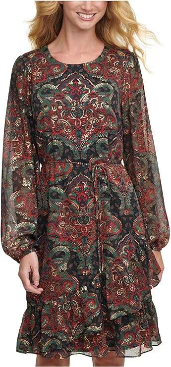 Tommy Hilfiger Printed Party Fit & Flare Dress Color Black Multi Size 8