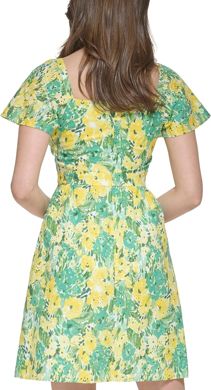 kensie Printed Eyelet Fit Flare Mini Dress Citron Multi Size 4