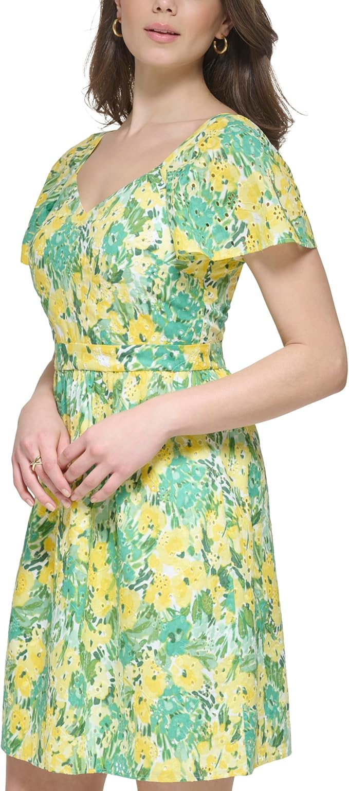 kensie Printed Eyelet Fit Flare Mini Dress Citron Multi Size 4