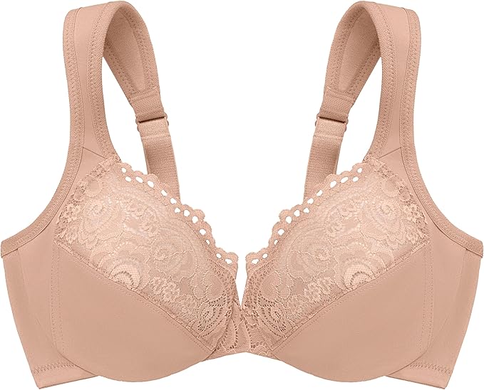 Glamorise Plus Size Low Cut Wonderwire Lace Underwire Bra Cafe Size 44DD